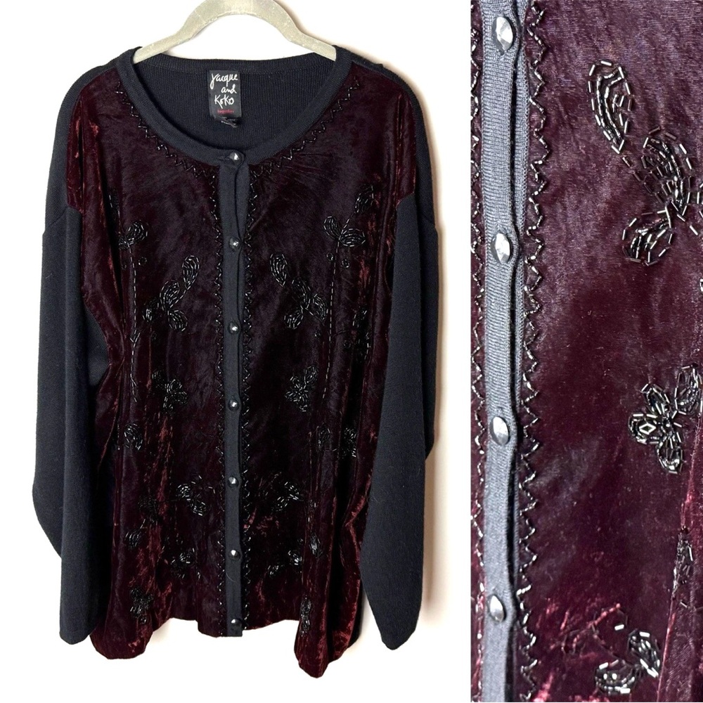 VINTAGE Jacque & Koko Cardigan Sweater Size 14 16 1X Black Maroon Velvet Front